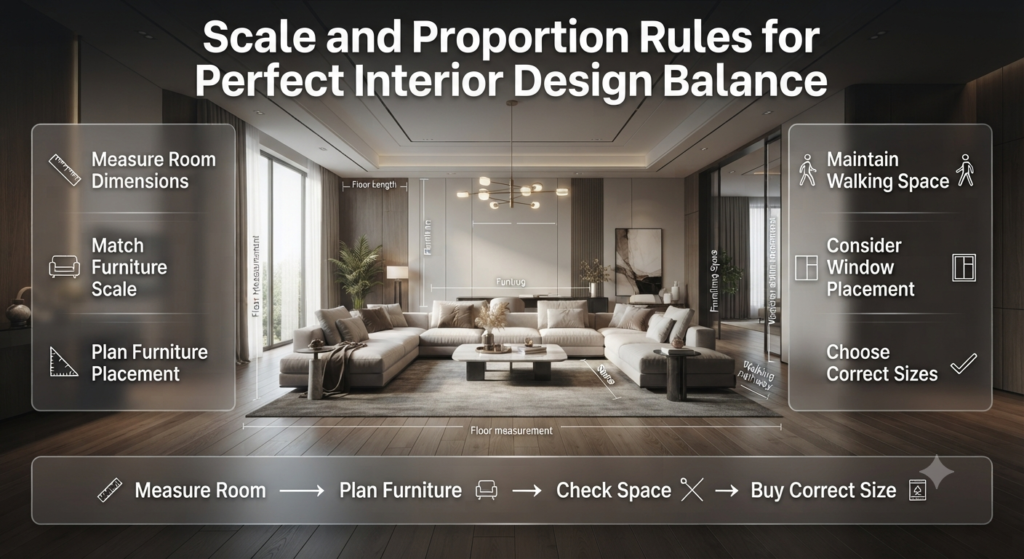 Interior design scale and proportion guide showing furniture sizing, room dimensions, layout planning, and balanced home décor principles
