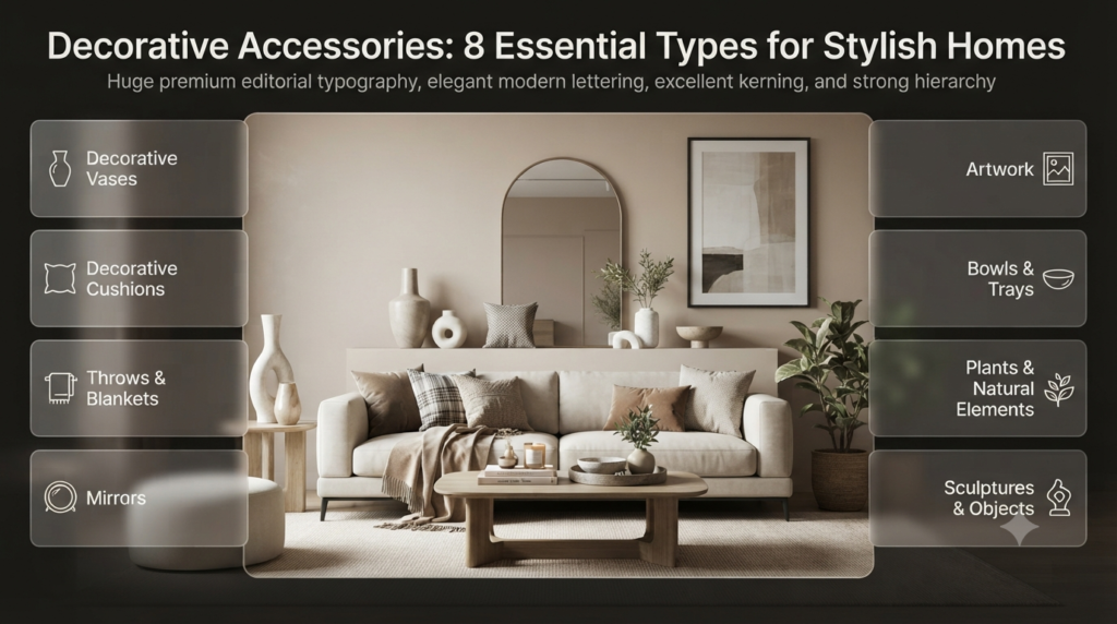 Eight decorative accessory types styled in a modern home, including vases, cushions, mirrors, artwork, plants, trays, throws, and sculptures.