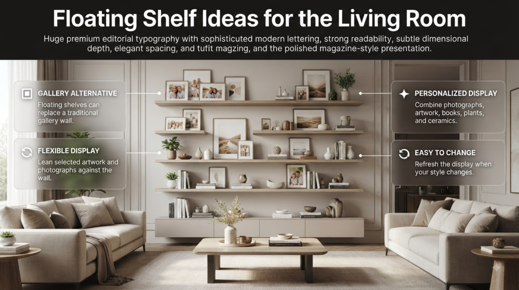 Gallery-style floating shelves displaying family photos, artwork, books, plants, ceramics, and decorative objects in a living room.