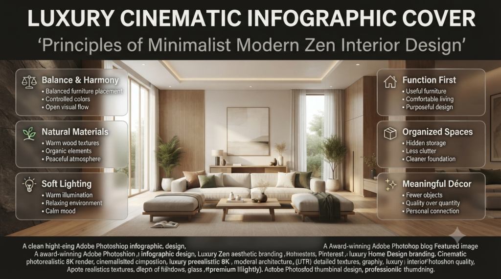 Minimalist modern Zen interior design principles showing balance, functional furniture, natural materials, and peaceful home styling ideas