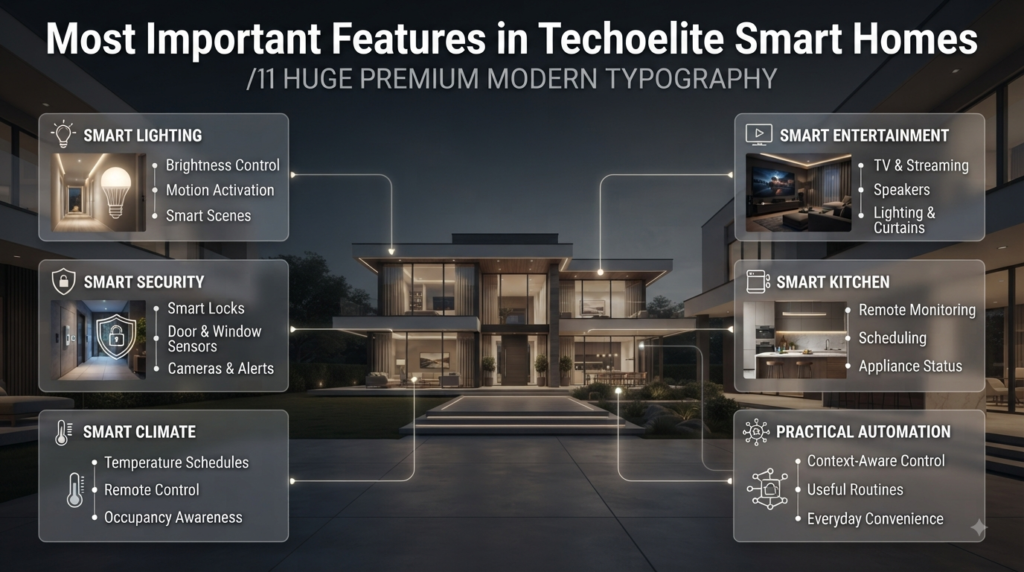 Techoelite smart homes featuring smart lighting, security, climate control, entertainment, and connected kitchen technology.