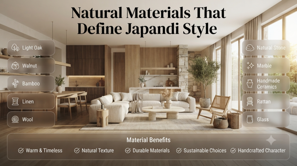 Infographic highlighting natural Japandi materials including oak, walnut, bamboo, linen, wool, stone, ceramics, rattan, and glass used in minimalist interiors.