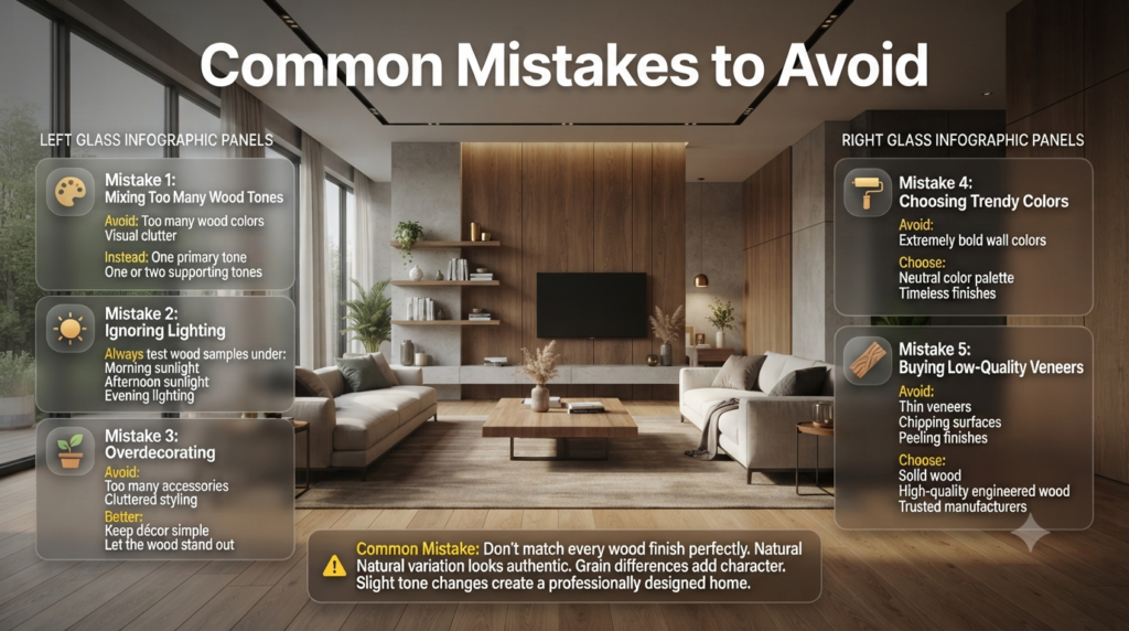Premium infographic highlighting common natural wood decorating mistakes, including mixing wood tones, poor lighting, overdecorating, trendy colors, and low-quality veneers.