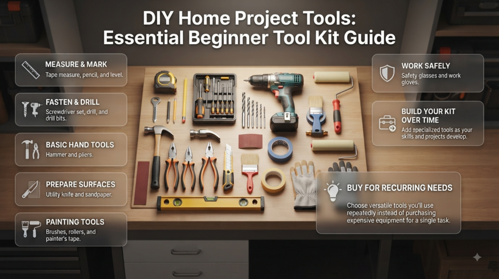 DIY home project tools including a drill, tape measure, screwdriver, level, hammer, paint tools, sandpaper, and safety gear