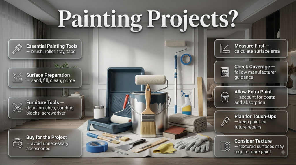 Painting projects guide showing essential painting tools, paint quantity planning, supplies, and preparation tips for home projects.
