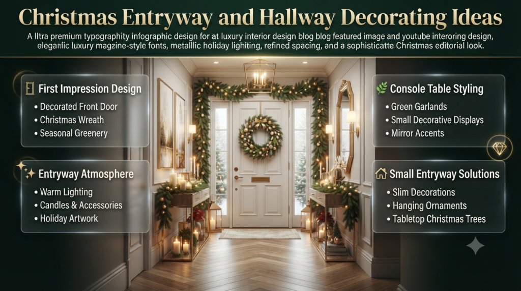 Christmas entryway decorating ideas featuring festive wreaths, warm lighting, greenery, console table décor, and elegant holiday accessories.