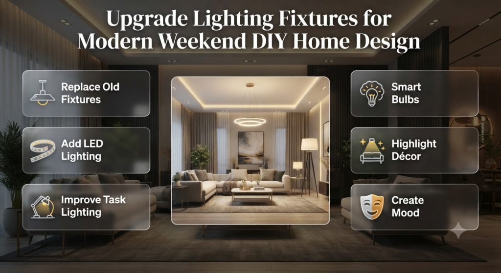 Upgrade lighting fixtures with DIY home improvement ideas including LED strips, smart bulbs, decorative lamps, and modern interior lighting solutions.