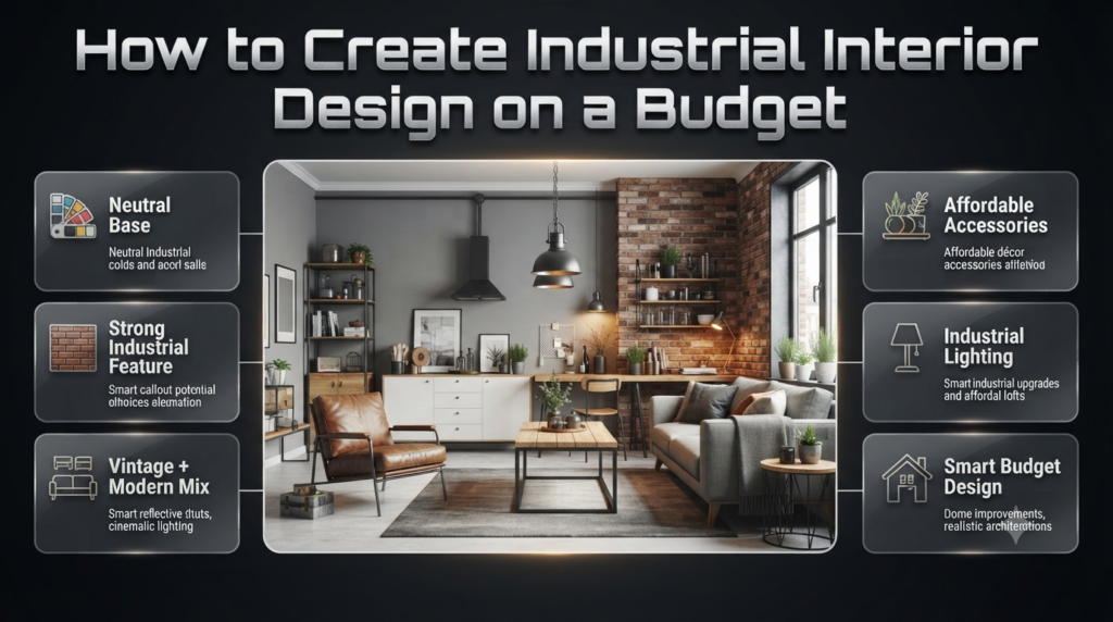 Budget industrial interior design ideas featuring neutral colors, brick walls, metal shelves, vintage furniture, and affordable décor.