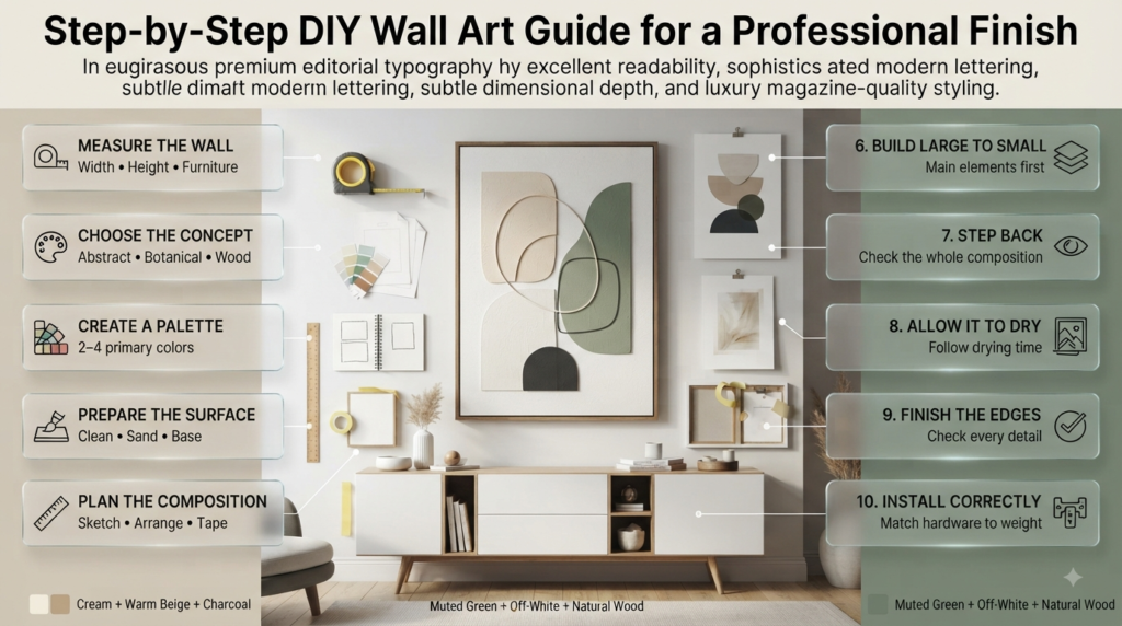 Step-by-step DIY wall art process showing wall measurement, concept planning, color palettes, composition, finishing, and installation
