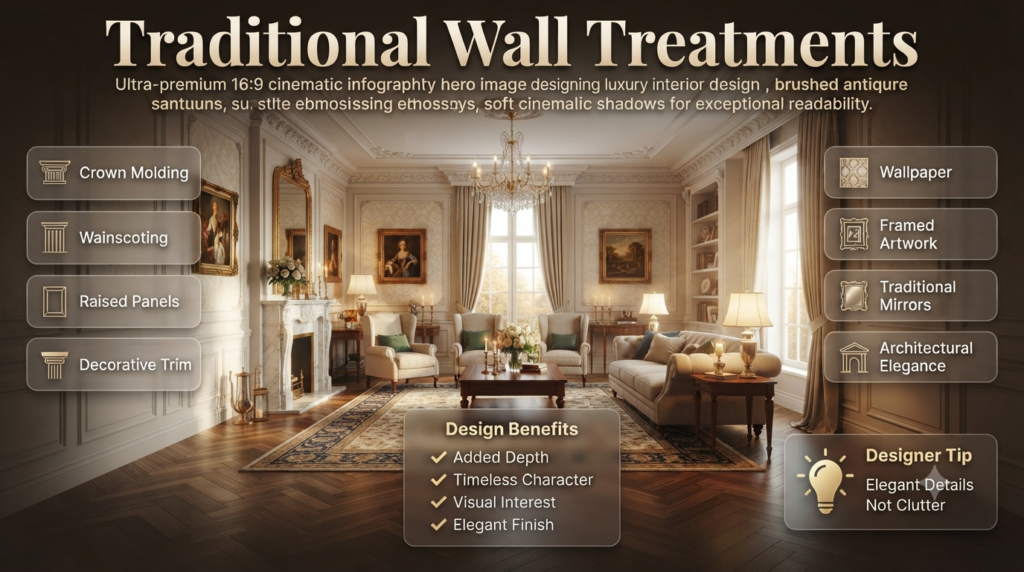 An elegant traditional interior featuring crown molding, wainscoting, raised wall panels, classic wallpaper, framed artwork, decorative trim, and traditional mirrors.