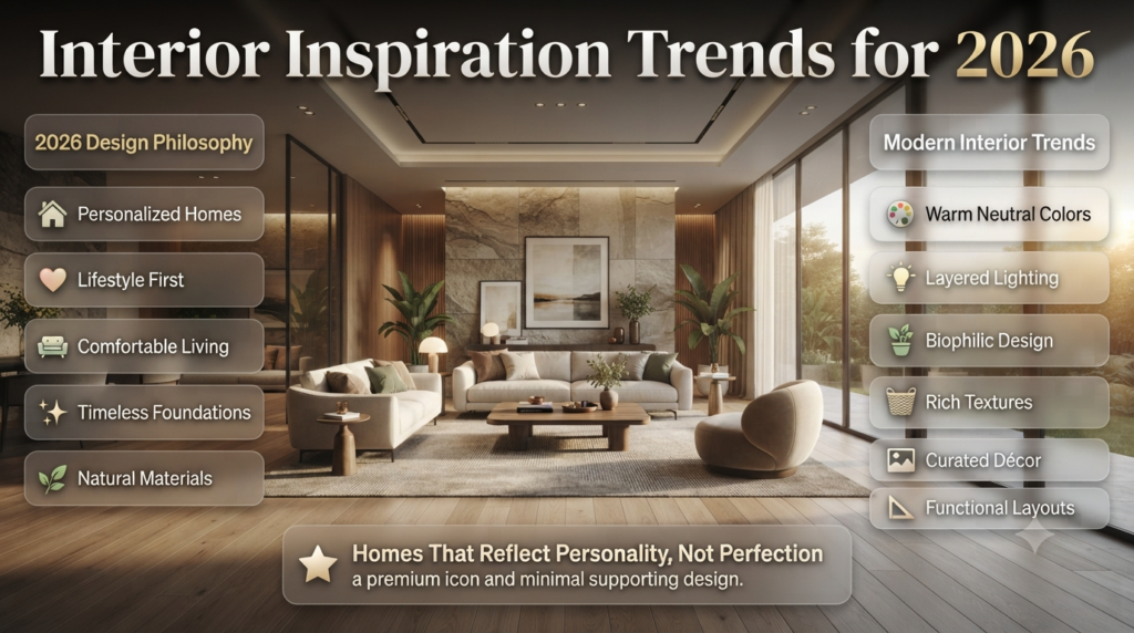 Premium infographic showcasing the top interior inspiration trends for 2026, featuring personalized home design, modern décor, and functional living spaces.