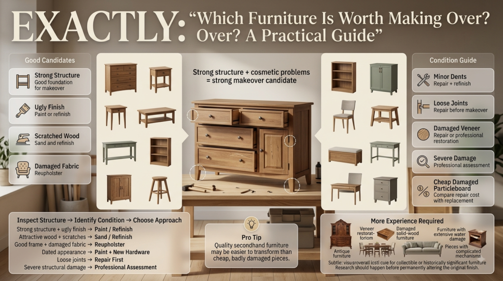 Furniture makeover guide showing good candidates, condition checks, repair options, refinishing, reupholstery, and restoration decisions.