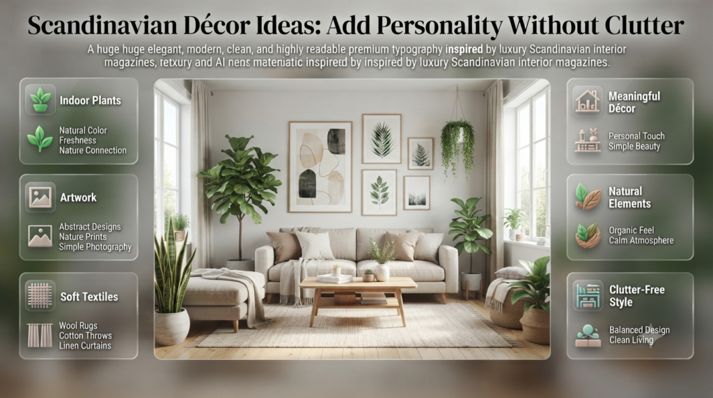 Scandinavian décor ideas featuring indoor plants, minimalist artwork, soft textiles, wool rugs, and clutter-free Nordic interiors