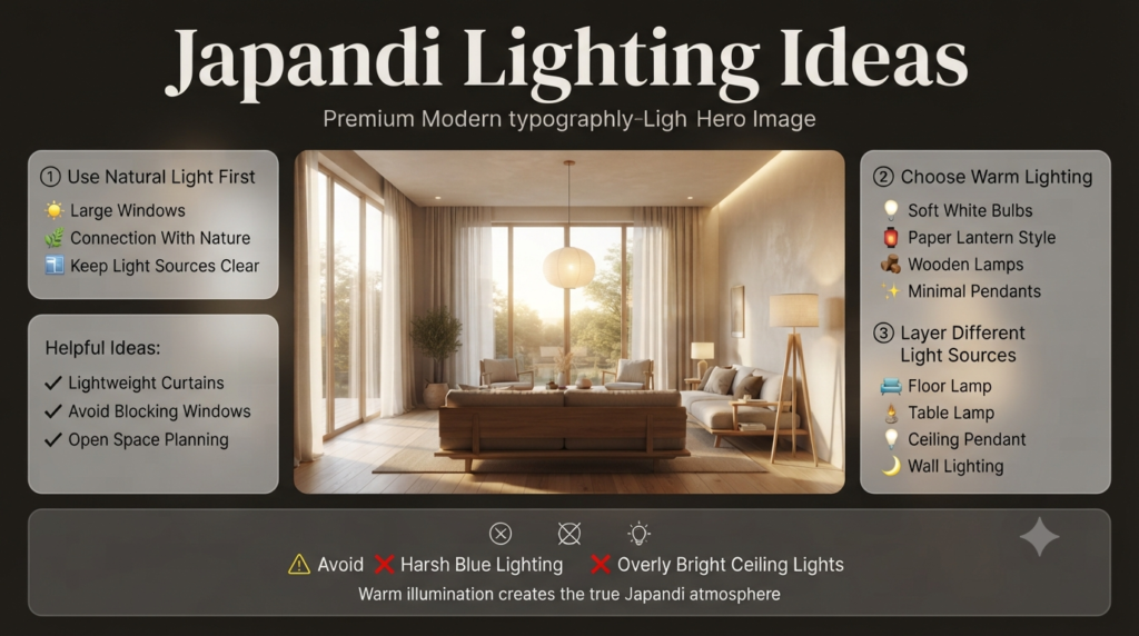 Japandi Lighting Design featuring warm layered illumination, natural daylight, pendant lamps, floor lamps, and cozy minimalist interior lighting ideas.