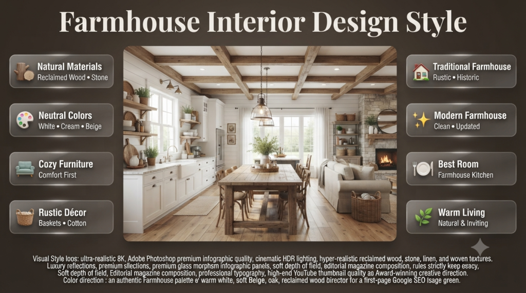 Farmhouse interior design style featuring reclaimed wood, neutral colors, rustic textures, cozy furniture, open shelving, and countryside-inspired home décor.
