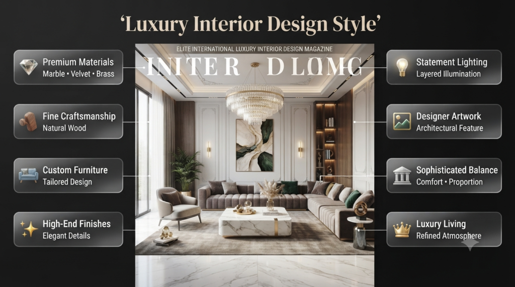 Luxury interior design style featuring marble, velvet, brass accents, designer lighting, custom furniture, and sophisticated modern living spaces.
