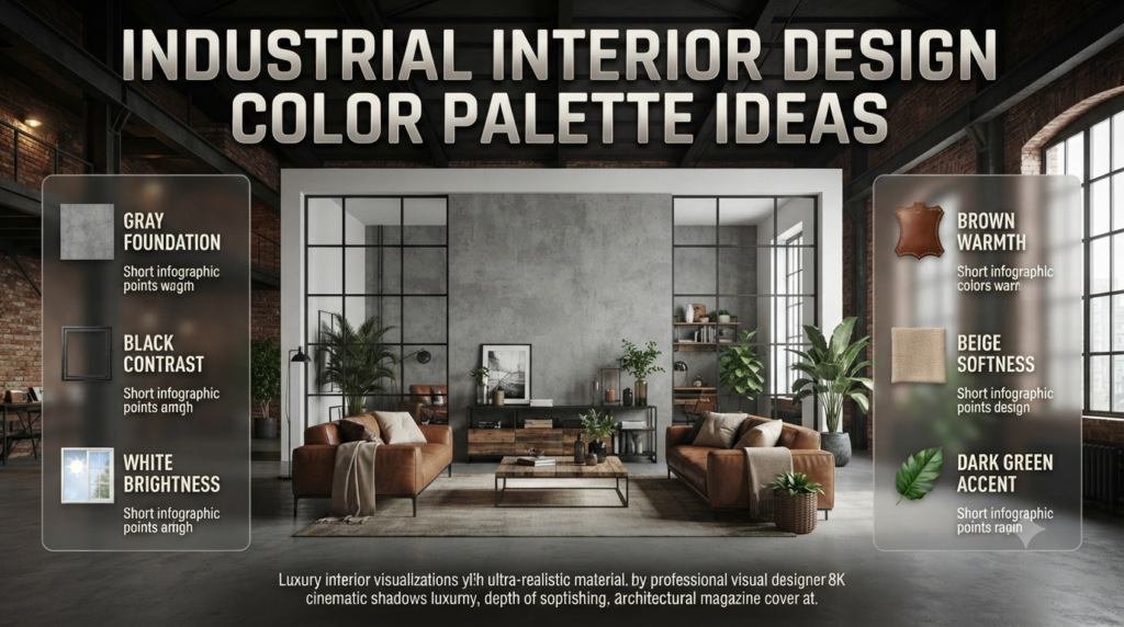 Industrial interior design color palette featuring gray, black, white, brown, beige, and dark green tones with modern décor elements.
