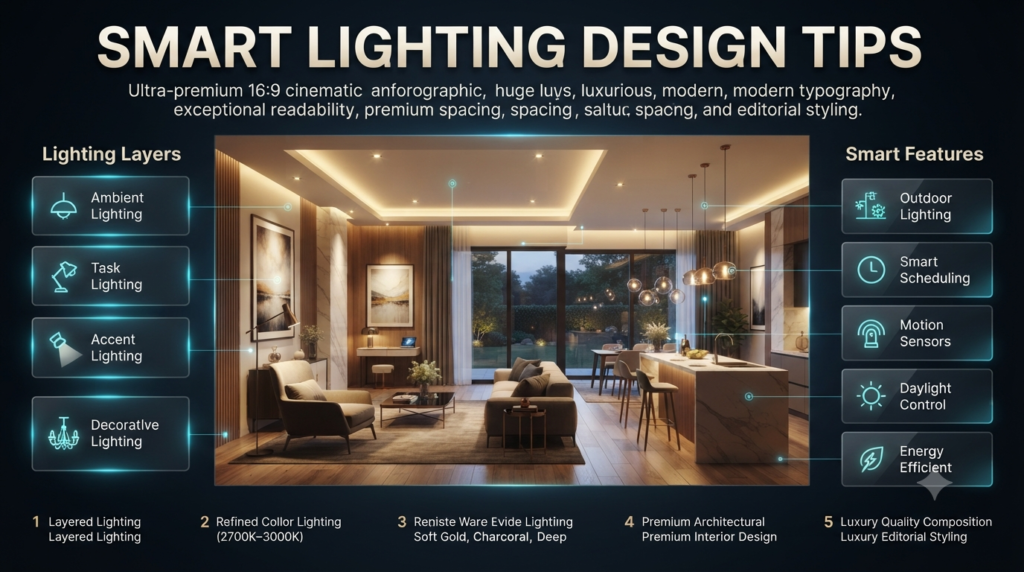 Modern smart lighting infographic showing ambient, task, accent, decorative, and outdoor lighting with automated controls in a luxury home interior.