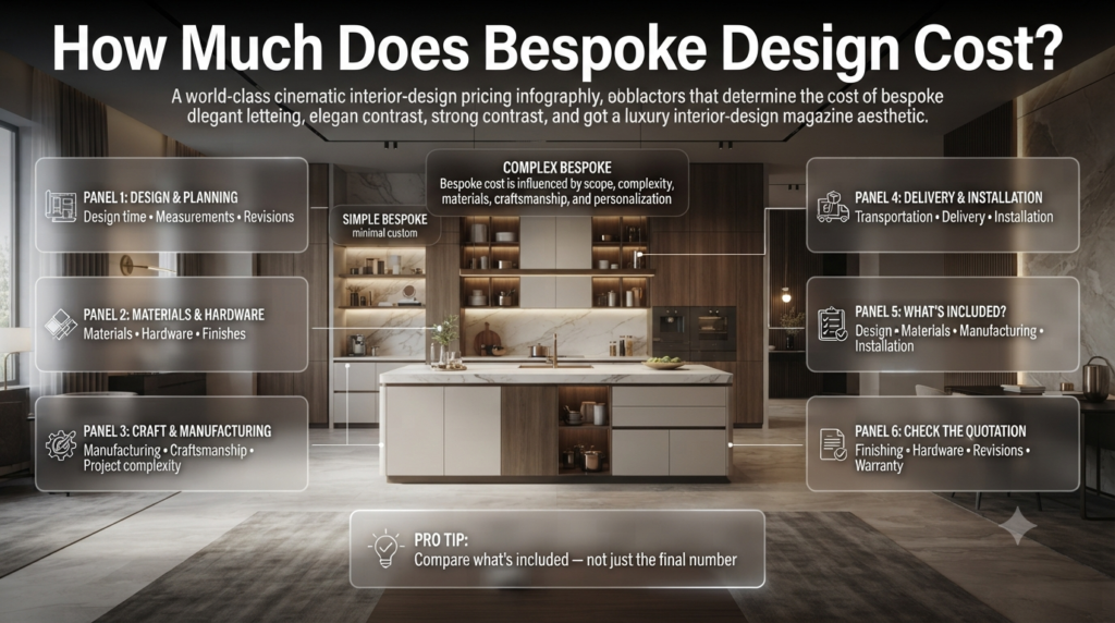 Bespoke design cost infographic showing materials, craftsmanship, manufacturing, installation, revisions, and quotation factors.