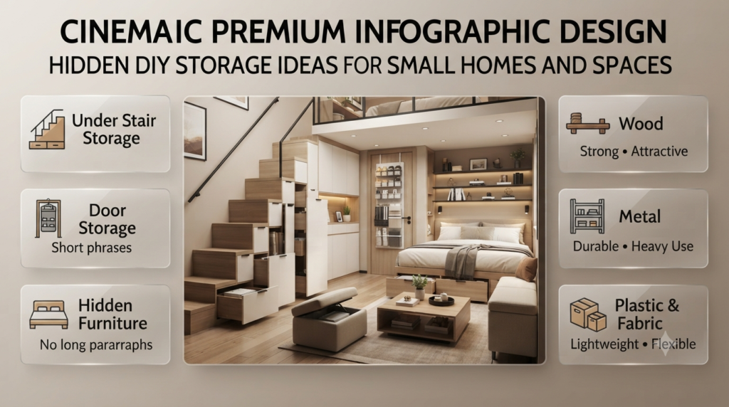 Hidden DIY storage ideas for small homes featuring under stairs storage, door organizers, multi-purpose furniture, and space-saving solutions.