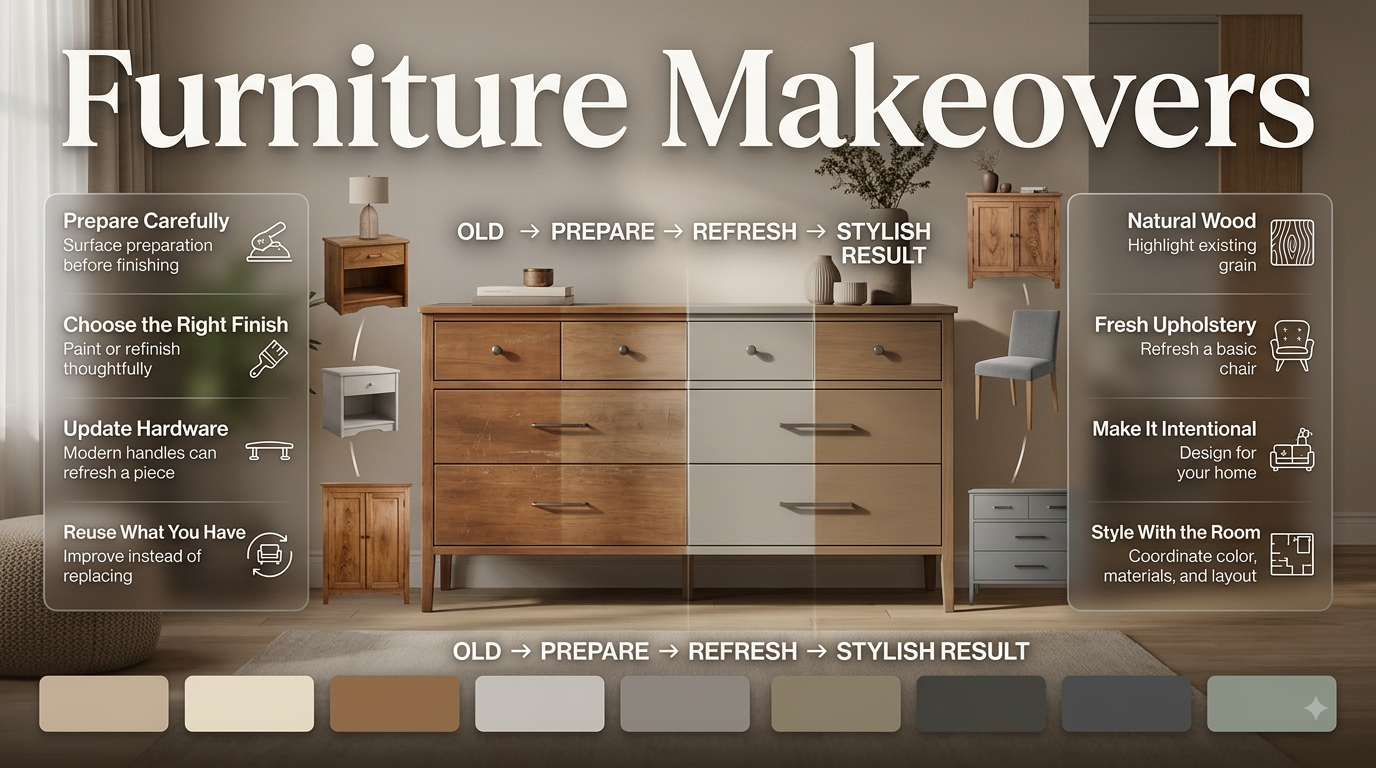 Furniture makeover showing an old wooden dresser transformed with refinishing, modern hardware, fresh color, and updated upholstery.Furniture Makeovers: Transform Old Pieces Into Stylish Decor