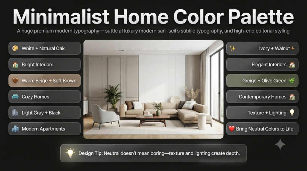 Minimalist interior showcasing white, beige, gray, ivory, and greige color palettes with natural wood accents, soft lighting, and elegant modern décor.