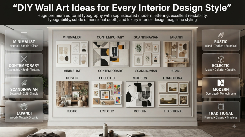 DIY wall art ideas matched to minimalist, contemporary, Scandinavian, Japandi, rustic, eclectic, modern, and traditional interiors