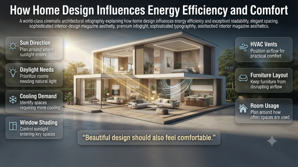 Modern home design showing sunlight, room placement, window shading, HVAC airflow, furniture layout, and energy-efficient planning.