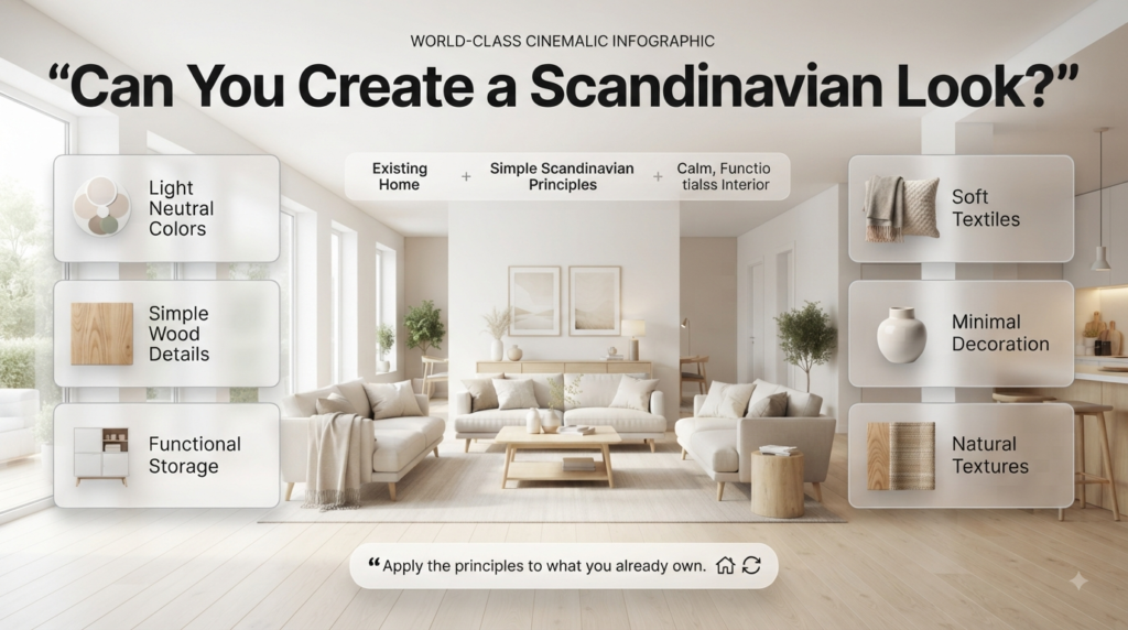 Budget DIY ideas for creating a Scandinavian-inspired home with light colors, wood details, storage, textiles, and minimal décor.