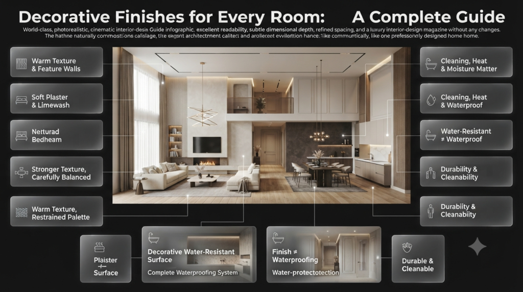 Room-by-room decorative finish guide featuring living room plaster, bedroom limewash, dining accents, kitchen surfaces, and bathroom finishes.