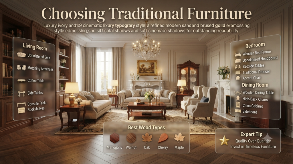 A luxurious traditional interior showcasing elegant upholstered furniture, solid wood tables, classic cabinetry, premium hardwood finishes, and timeless home décor.