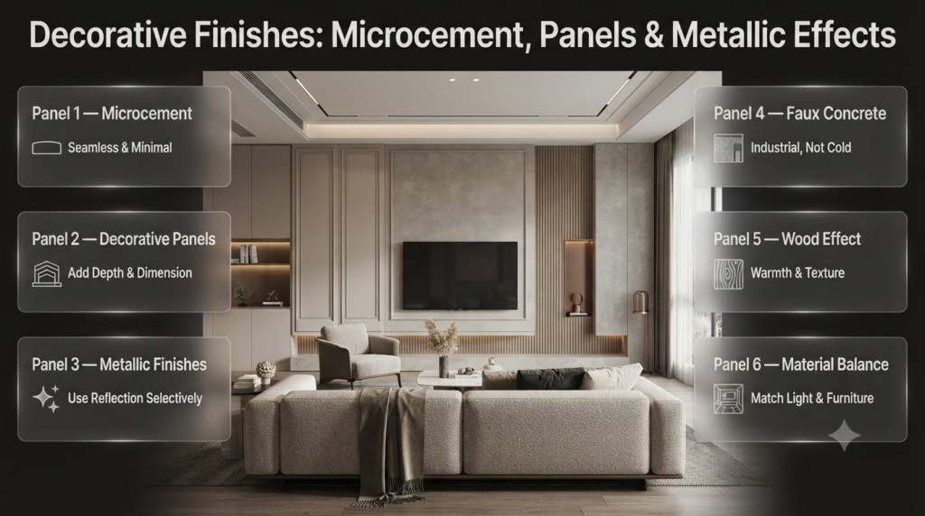 Luxury interior featuring microcement, decorative wall panels, metallic accents, faux concrete, and wood-effect finishes.