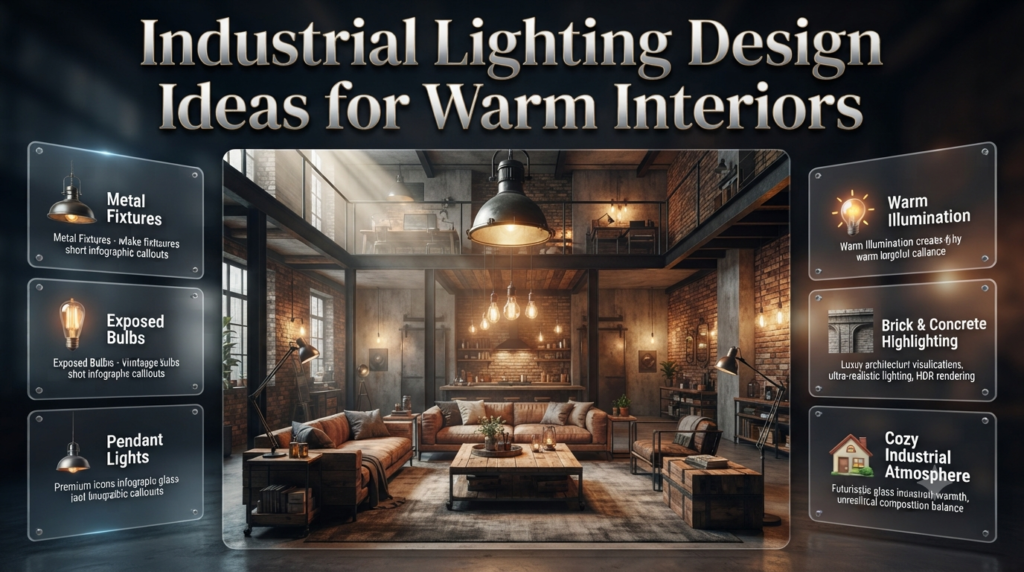 Industrial lighting design featuring exposed bulbs, metal fixtures, pendant lights, and warm illumination in a modern loft interior.