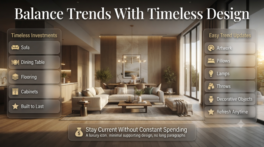 Infographic comparing timeless furniture with trendy home décor accessories, helping homeowners create stylish interiors without frequent redesigns.