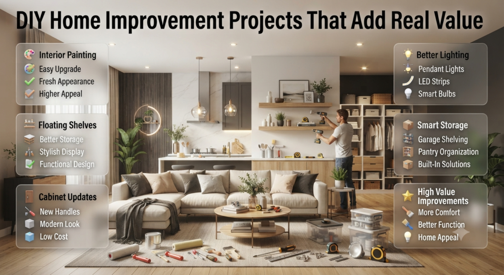 DIY home improvement projects including painting, lighting upgrades, storage solutions, shelving, and renovations that increase home value.