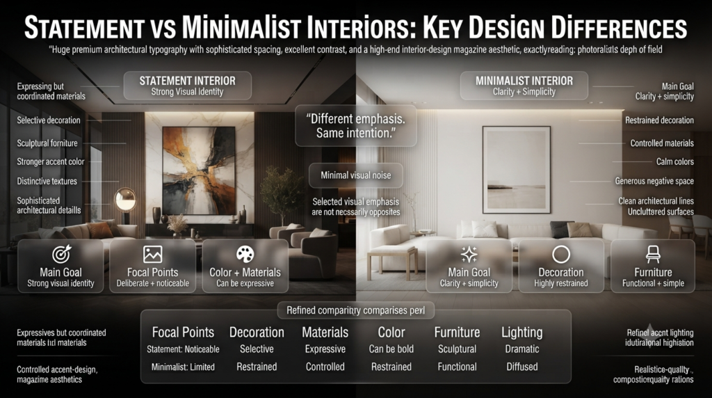 Statement and minimalist interiors compared through focal points, furniture, color, materials, decoration, and overall visual balance.