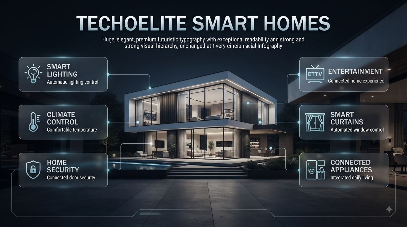 Techoelite smart homes featuring automated lighting, climate control, security, curtains, appliances, and connected home technology.Techoelite smart homes bring lighting, climate, security, entertainment, and connected appliances together for a simpler daily experience.