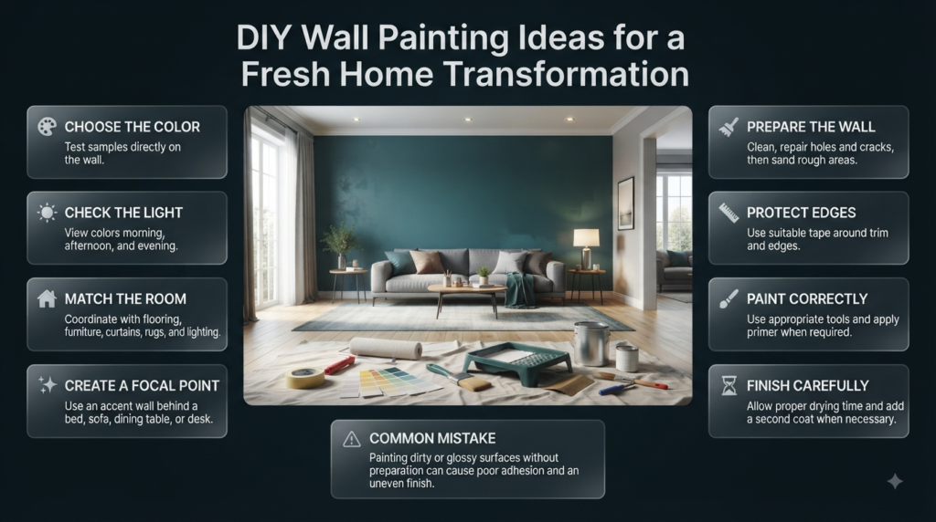 DIY wall painting ideas showing color selection, wall preparation, painting tools, accent walls, and professional finishing techniques