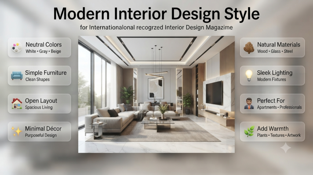 Modern interior design style featuring clean lines, neutral colors, minimalist furniture, open layouts, natural materials, and elegant home décor.