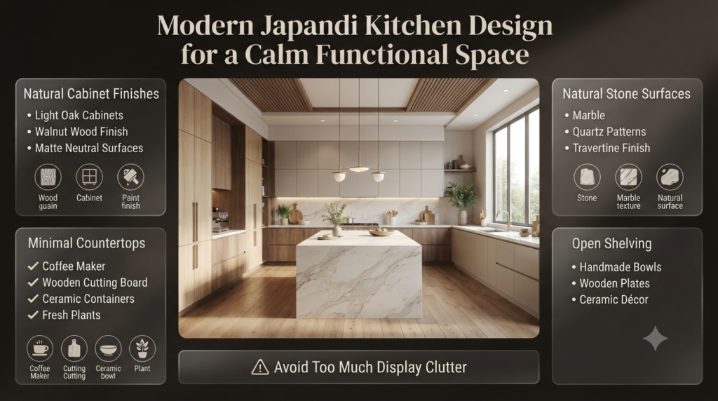 Modern Japandi kitchen with oak cabinets, stone countertops, hidden storage, minimal décor, and natural materials creating a warm functional space