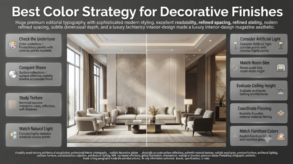 Color strategy guide showing how texture, sheen, lighting, room size, flooring, and furniture affect decorative finish appearance.