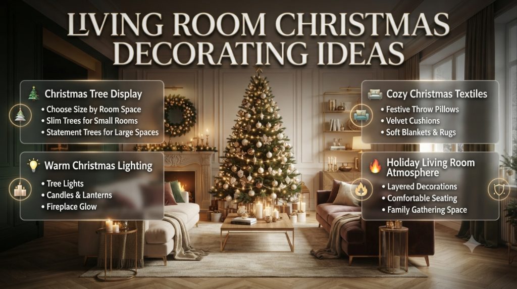 Living room Christmas decorating ideas featuring a festive tree, warm lighting, cozy textiles, fireplace décor, and elegant holiday styling.