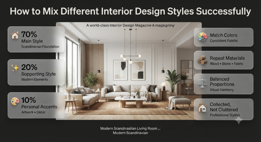 Mix different interior design styles using the 70-20-10 rule with modern, Scandinavian, eclectic décor, balanced colors, textures, and furniture.