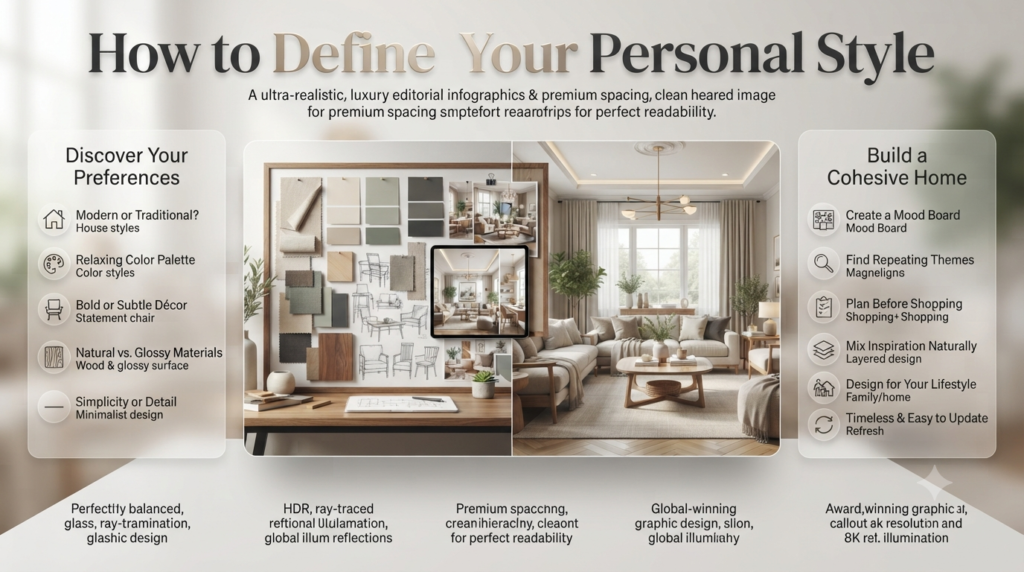 Infographic showing how to define your personal interior design style using mood boards, color preferences, furniture choices, and lifestyle-inspired décor.