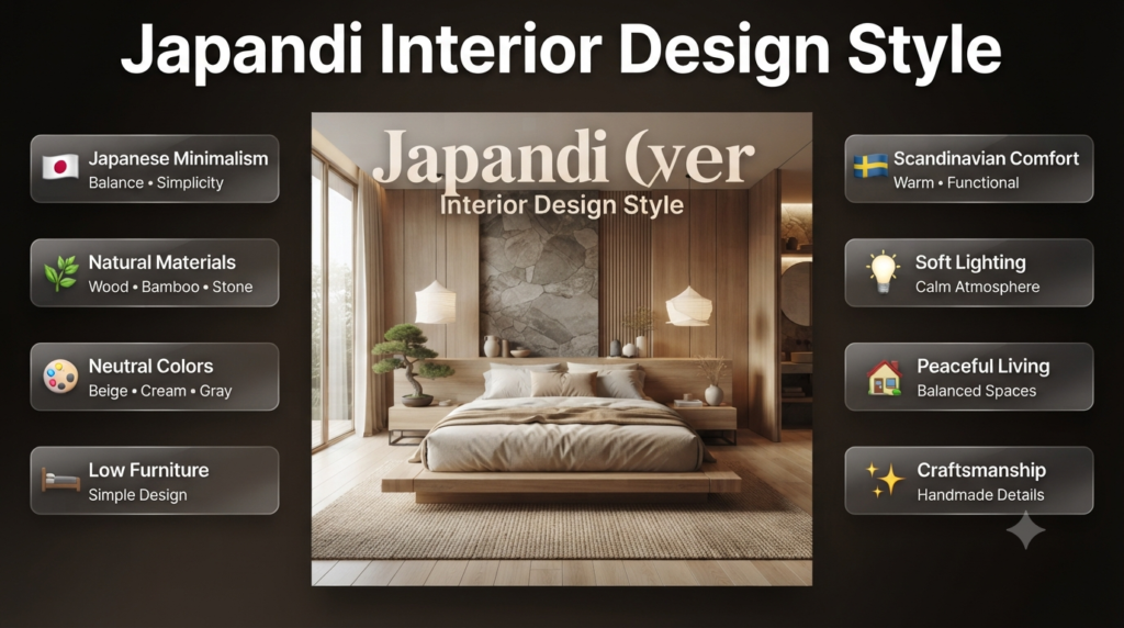 Japandi interior design style featuring Japanese minimalism, Scandinavian comfort, natural wood, neutral colors, low-profile furniture, and peaceful home décor.