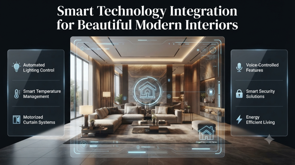 Smart home technology integrated into beautiful interiors with automated lighting, smart devices, hidden systems, and modern design solutions