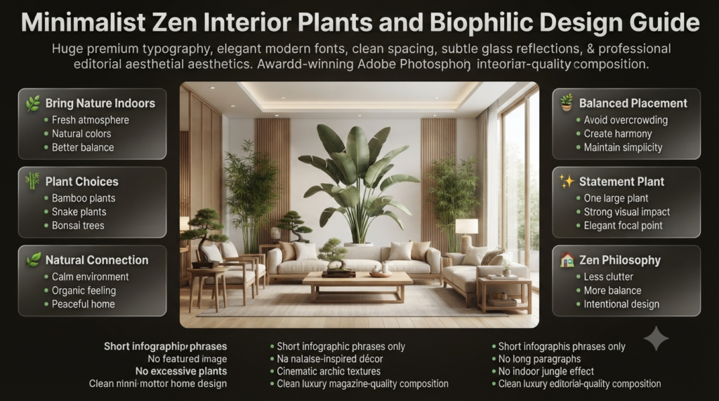Minimalist Zen interior with bamboo plants, bonsai tree, indoor greenery, natural balance, and biophilic home design elements