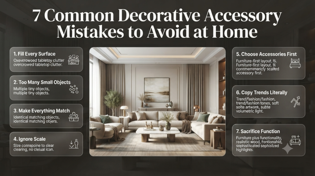 Interior design infographic showing seven decorative accessory mistakes, including clutter, poor scale, excessive matching, trends, and lost functionality.