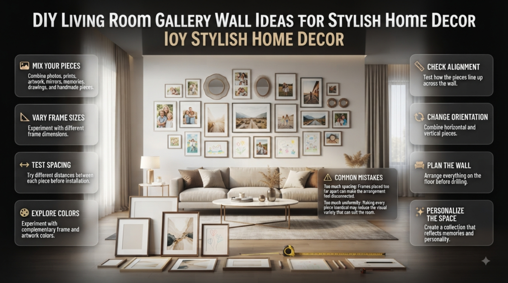 DIY living room gallery wall with photos, artwork, mirrors, handmade pieces, varied frames, and balanced spacing for stylish decor