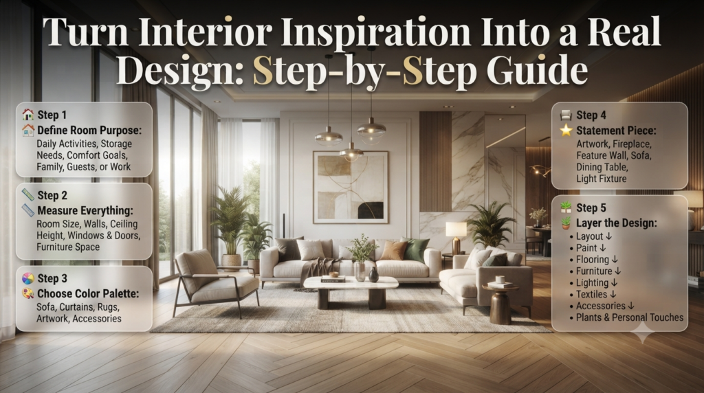 Infographic illustrating a step-by-step interior design process from room planning and measuring to color selection, statement pieces, and layered decorating.
